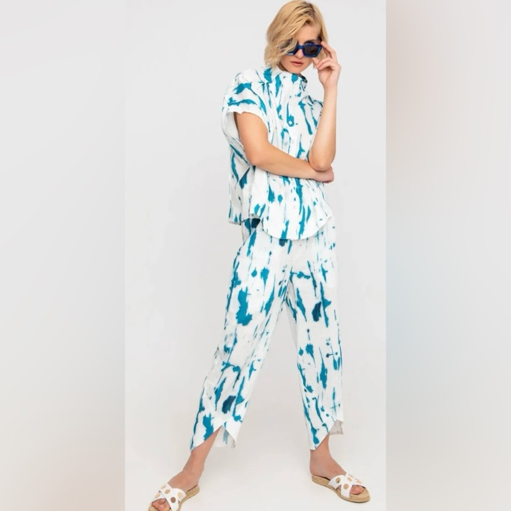 NWT Ozai N Ku Island Linen Tulip Pants, White/turquoise M